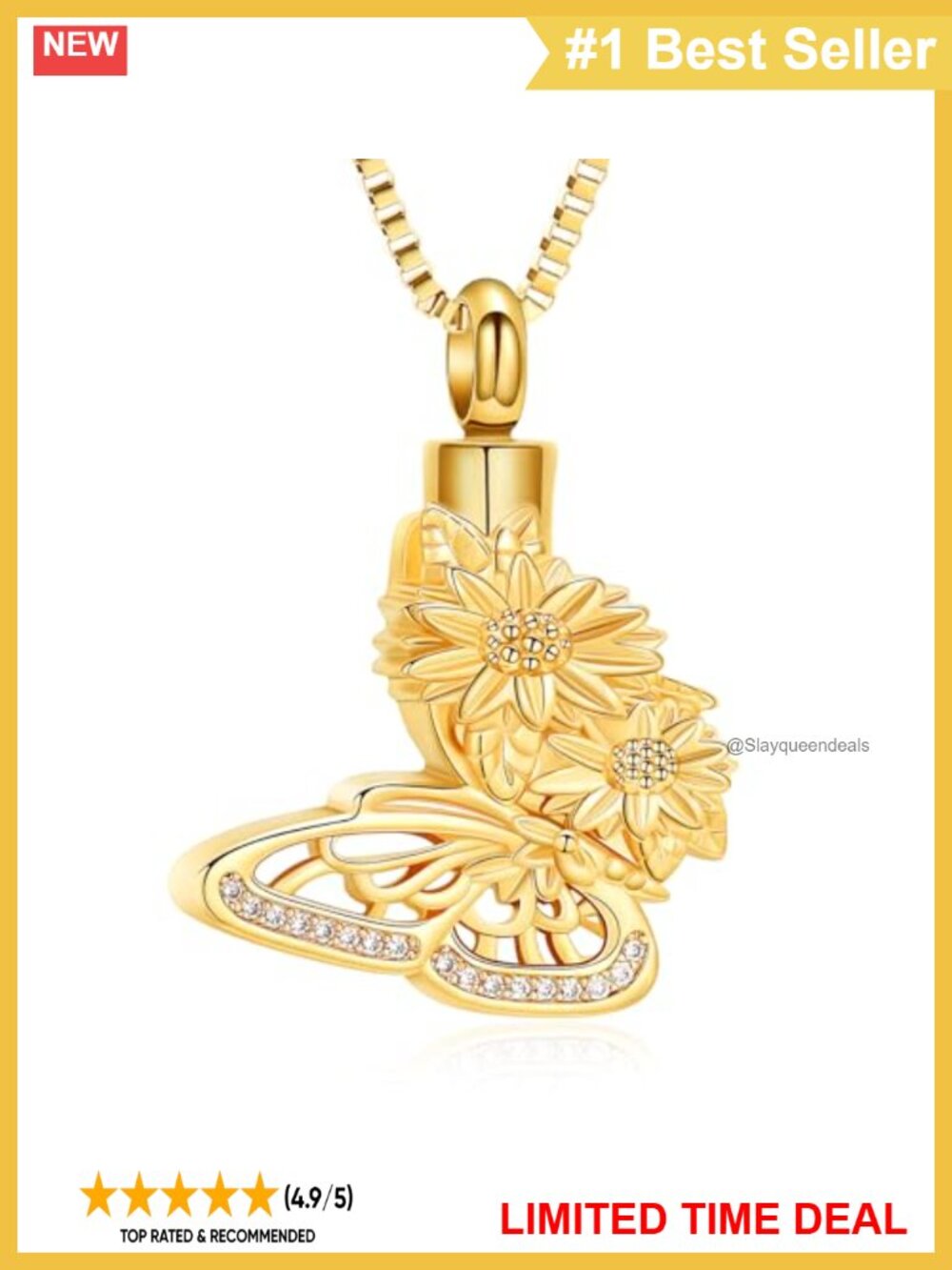 Butterfly Sunflower Urn Necklace Stainless Steel Ashes Keepsake Pendant